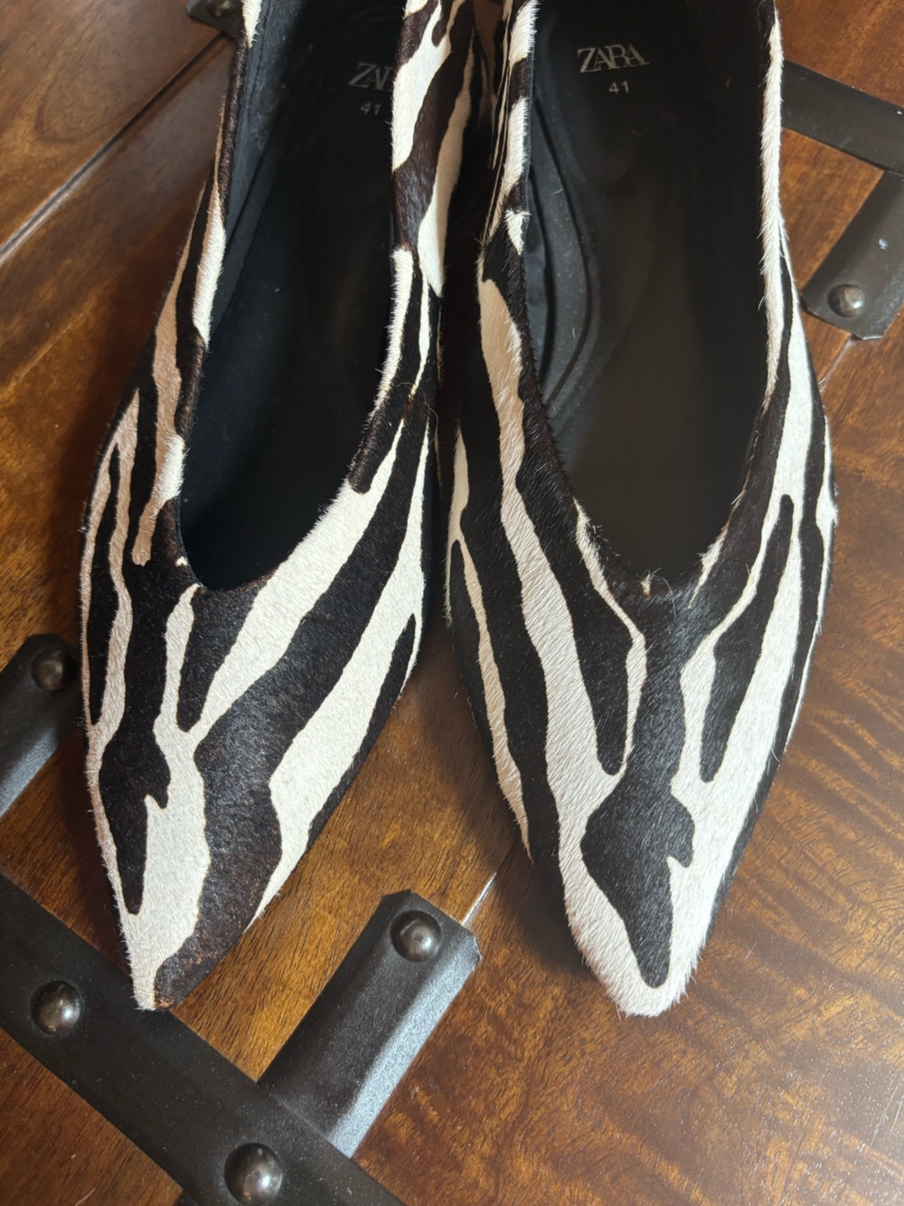 Zara Black & White Calf HairZebra Pointed-Toe Flats
